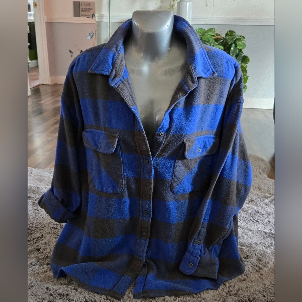 Blue and Gray Plaid Button-Up Shirt